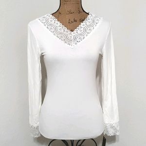 White lace edged wrists and neck detail long sleeve top Small great layer piece
